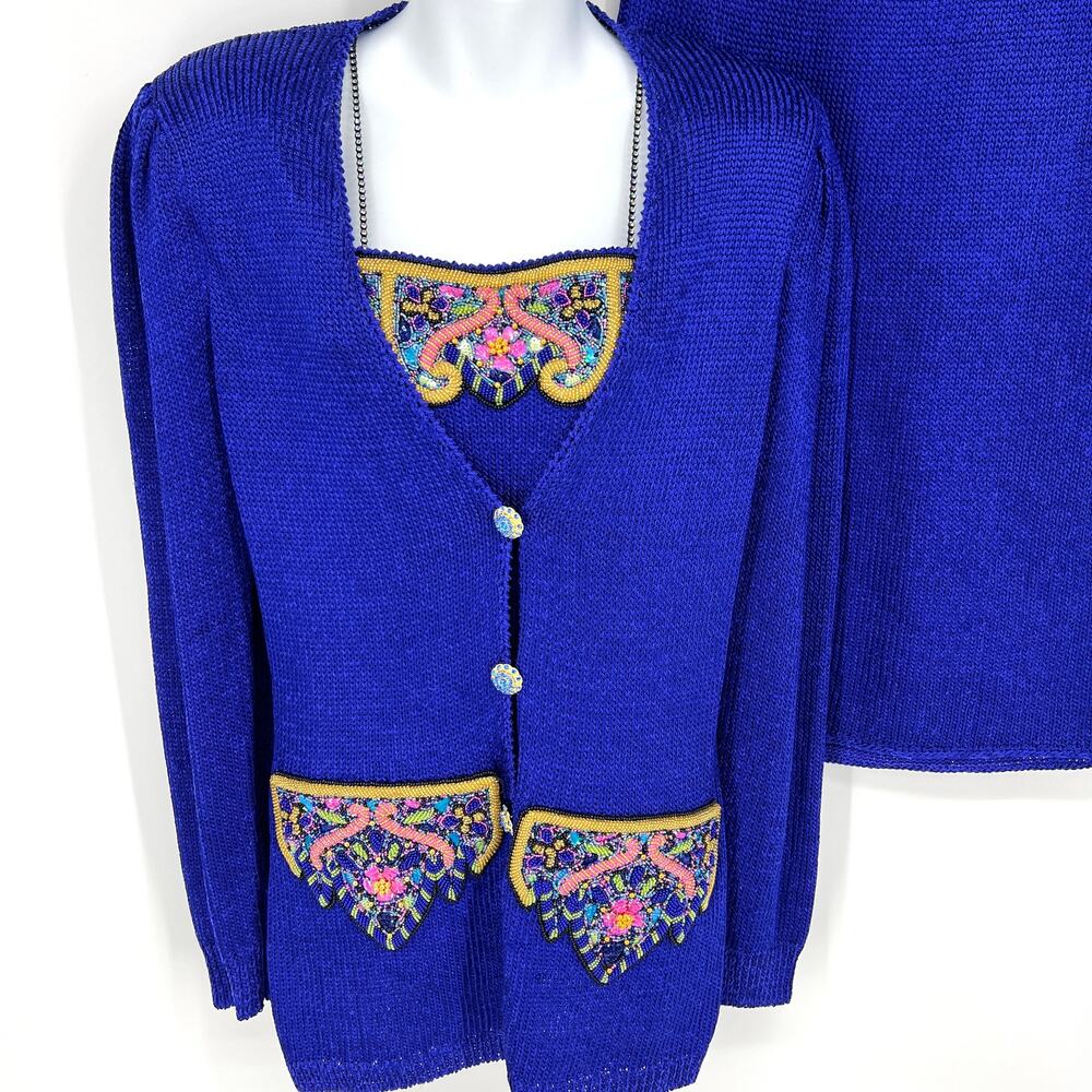 Vintage Elizabeth New York Blue Purple Embellished 3 Piece Wool Knit Set Size M
